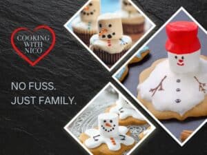 Example of melted snowman biscuits alongside the title No Fuss, Just Family - a Power of Zero Short Story from Jackie Keswick