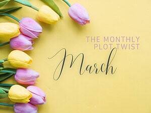 Pink and yellow tulips on a yellow background. Background image for the March Monthly Plot Twist blog by Jackie Keswick